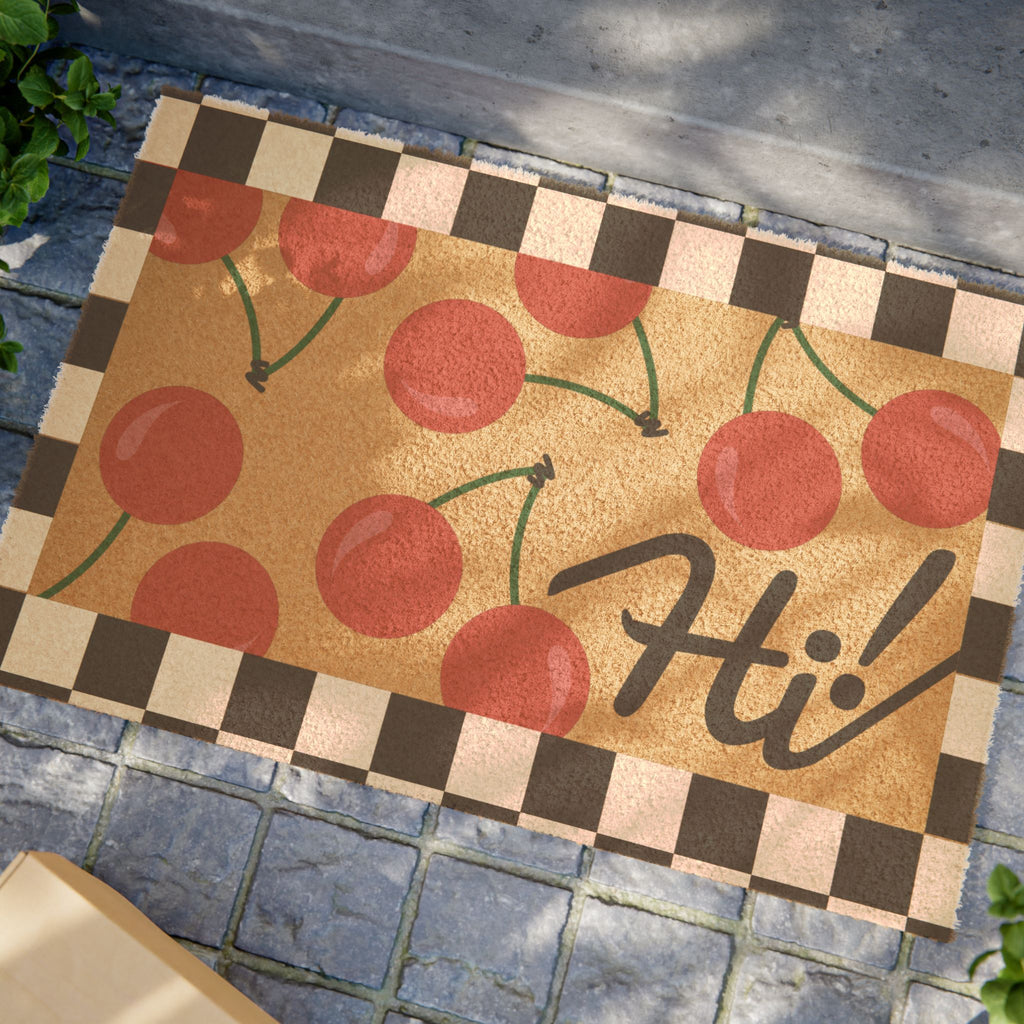 Cherry Hi! Doormat — Retro Check Border Welcome Mat