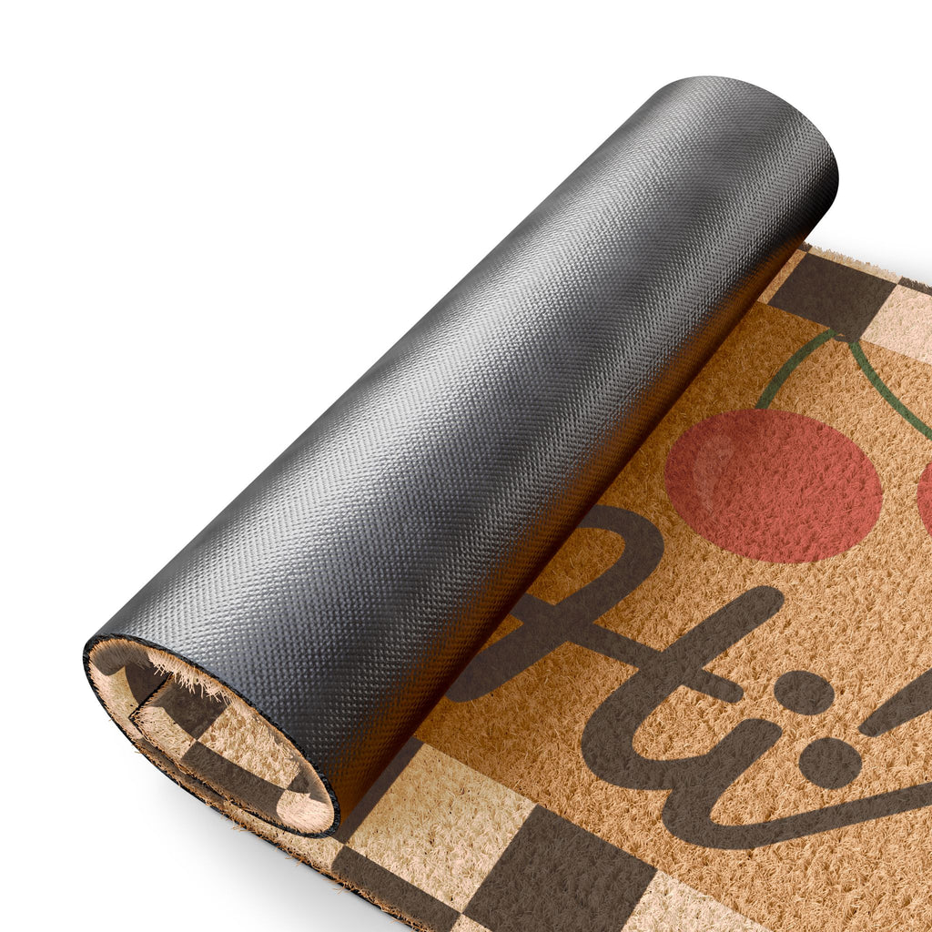 Cherry Hi! Doormat — Retro Check Border Welcome Mat