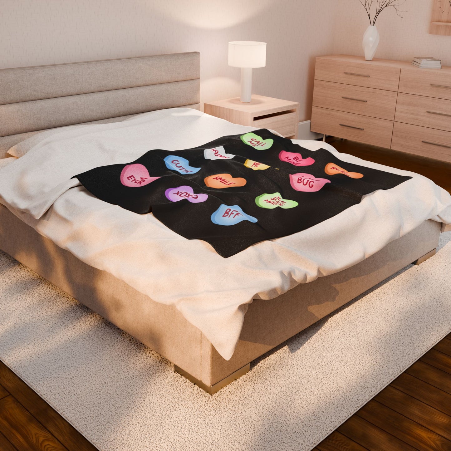 Valentine Conversation Hearts Velveteen Plush Blanket — Pink Cozy Throw with 'Call Me, Be Mine, XOXO' Candy Heart Design