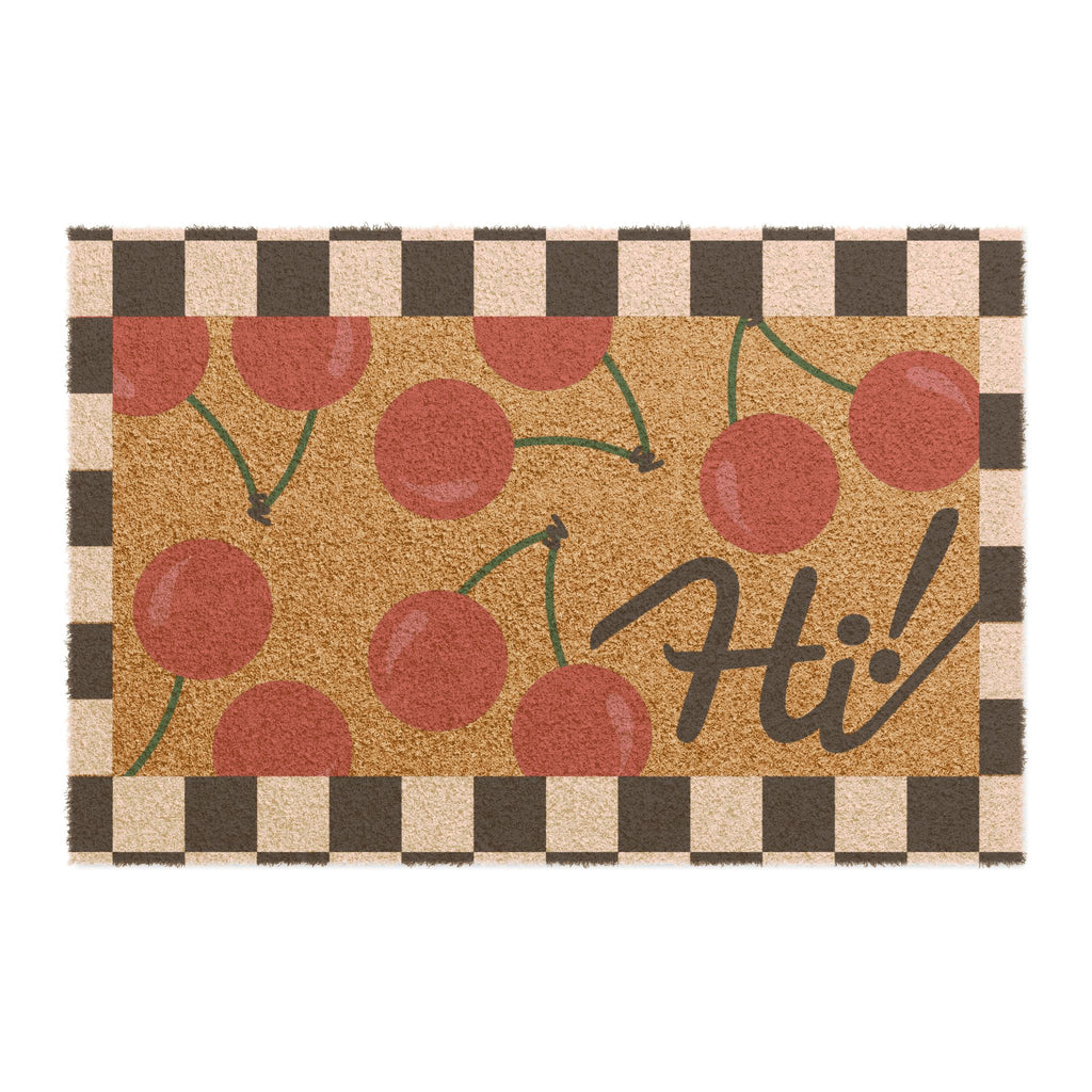 Cherry Hi! Doormat — Retro Check Border Welcome Mat