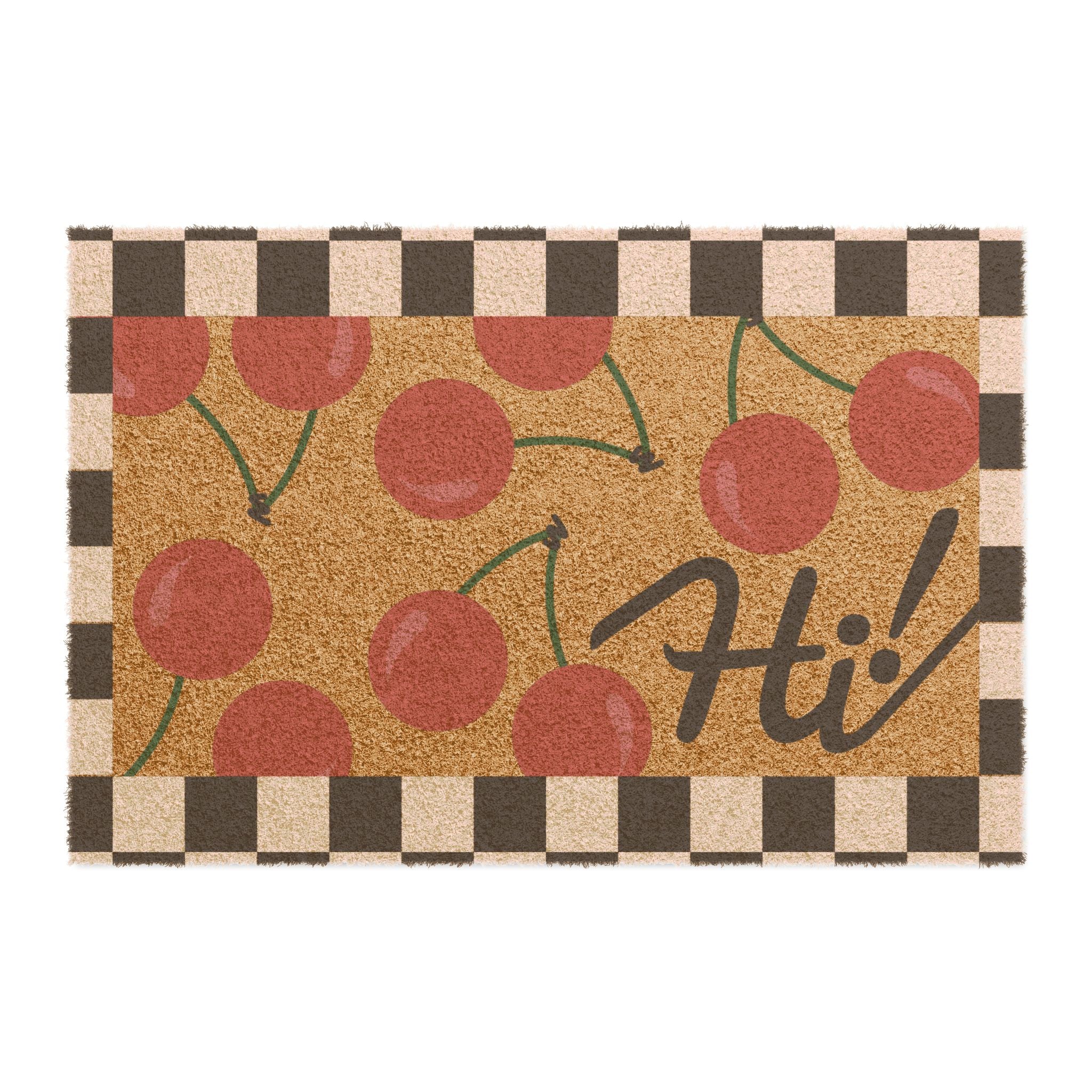 Cherry Hi! Doormat — Retro Check Border Welcome Mat