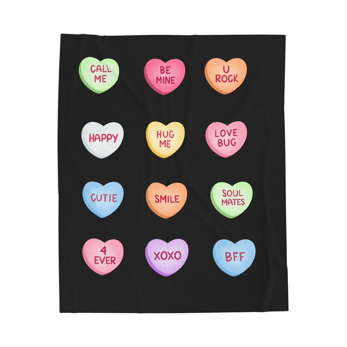 Valentine Conversation Hearts Velveteen Plush Blanket — Pink Cozy Throw with 'Call Me, Be Mine, XOXO' Candy Heart Design
