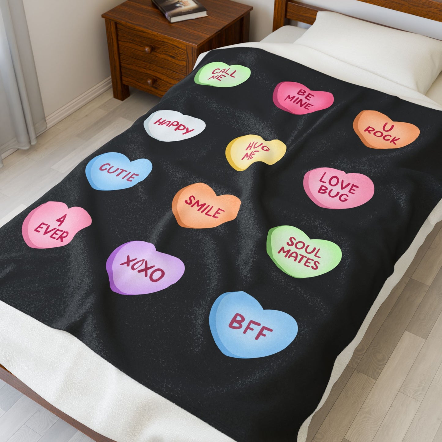 Valentine Conversation Hearts Velveteen Plush Blanket — Pink Cozy Throw with 'Call Me, Be Mine, XOXO' Candy Heart Design