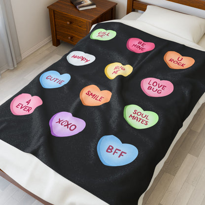 Valentine Conversation Hearts Velveteen Plush Blanket — Pink Cozy Throw with 'Call Me, Be Mine, XOXO' Candy Heart Design