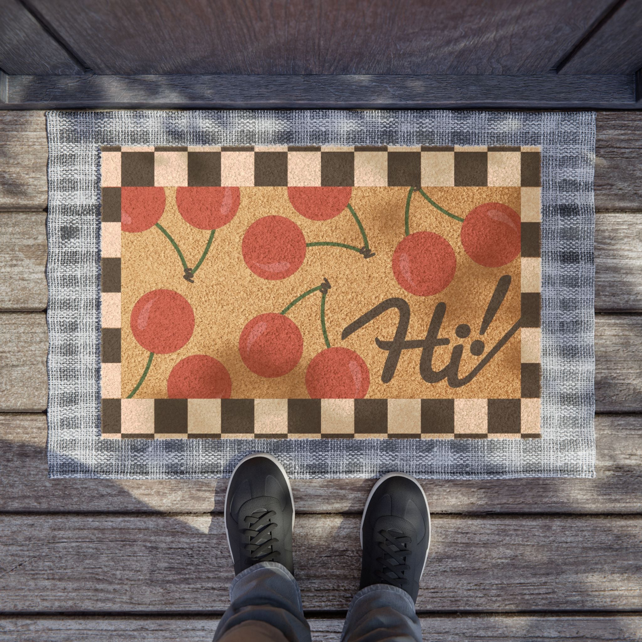 Cherry Hi! Doormat — Retro Check Border Welcome Mat